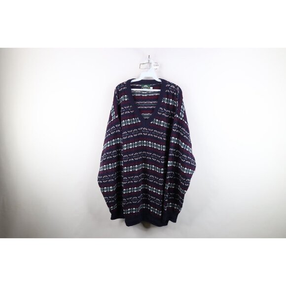 Vintage 90s Streetwear Mens 2XLT Faded Cotton Fair Isle Knit V-Neck Sweater